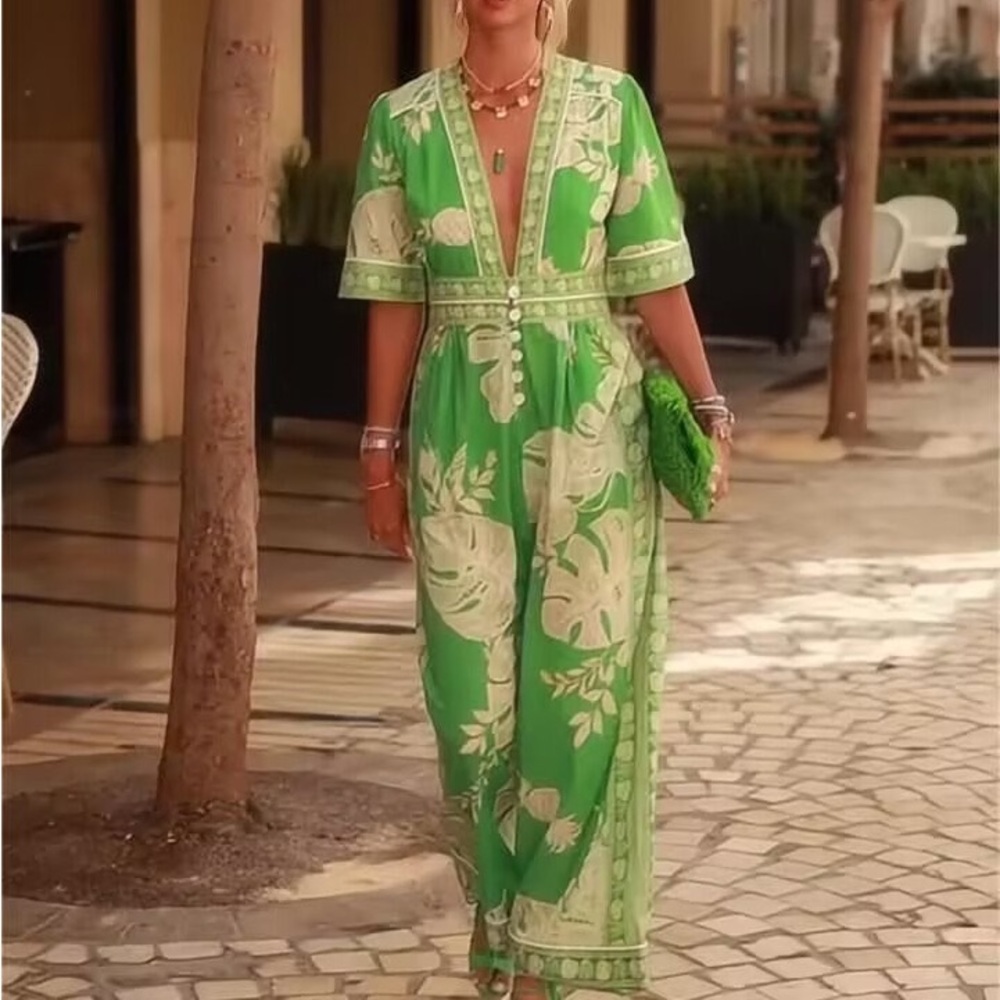 Zimmermann Green Floral V-Neck Jumpsuit